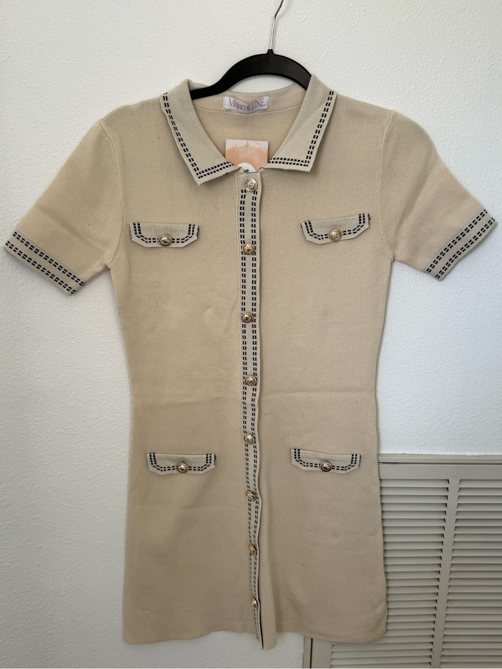 Beige Knit Button-Front Dress with Contrasting Trim